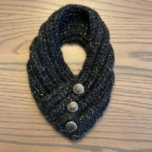 NECK WARMER.  HANDMADE WITH PRETTY SILVER BUTTONS.  BLACK WITH SILVER THREADS
